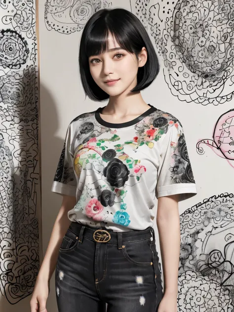 153
(Black Shorthair:1.46), (a 20 yo woman), (A hyper-realistic), (Masterpiece), (8KUHD), (gentle smile), Slender waist, Wearing jeans, ((Floral Clothing - T-Shirts)), Wearing long pants, abstract painting, (doodle:1.46), (brest:1.1), (口紅)