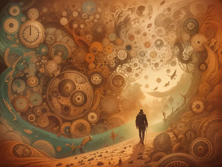 Surreal and thought-provoking illustration of a person walking through different timelines, representing the concept of time and self-discovery. Detailed artwork with intricate details and symbolism, inspired by Salvador Dalis style. Use of warm colors to ...