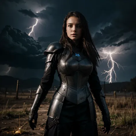 Dark muse in armor, lightning in the background