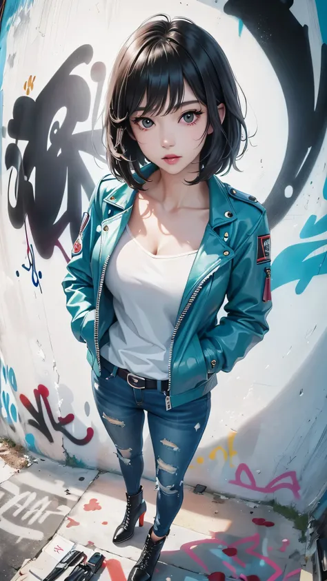 ((Highly detailed CG unit 8k wallpaper, masterpiece, High resolution, highest quality)), (Beautiful woman with bob cut hair looks up, put one&#39;s hand in one&#39;s pocket:1.5, Street fashion, riders jacket, Wearing skinny jeans:1.2, high heels), ((highly...