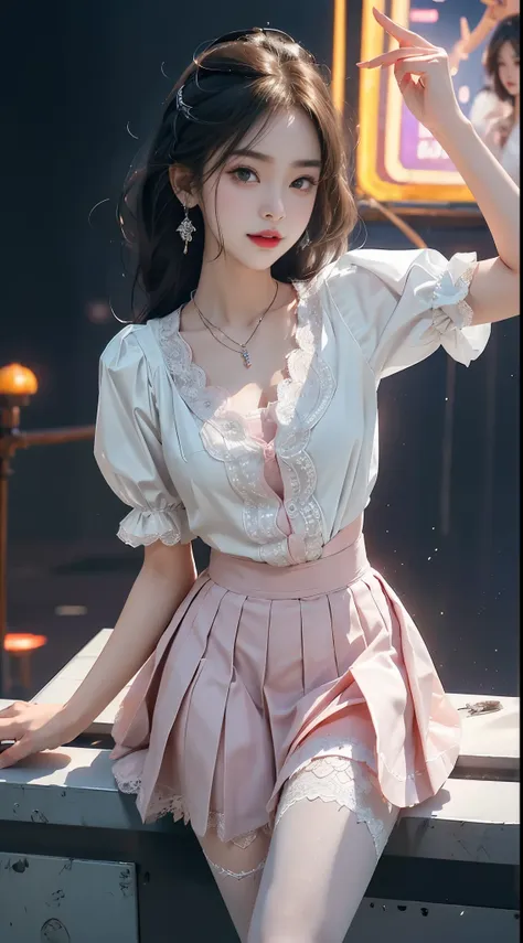 pleated skirt,pink skirt,pink sailor collar, ((knee shot)), 8k, masterpiece, original photo, best quality, detail:1.2), ((shoot ...