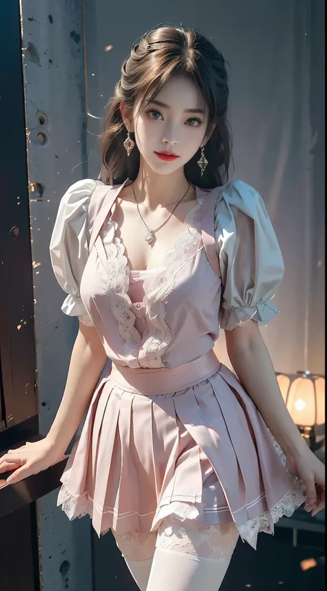 pleated skirt,pink skirt,pink sailor collar, ((knee shot)), 8k, masterpiece, original photo, best quality, detail:1.2), ((shoot ...