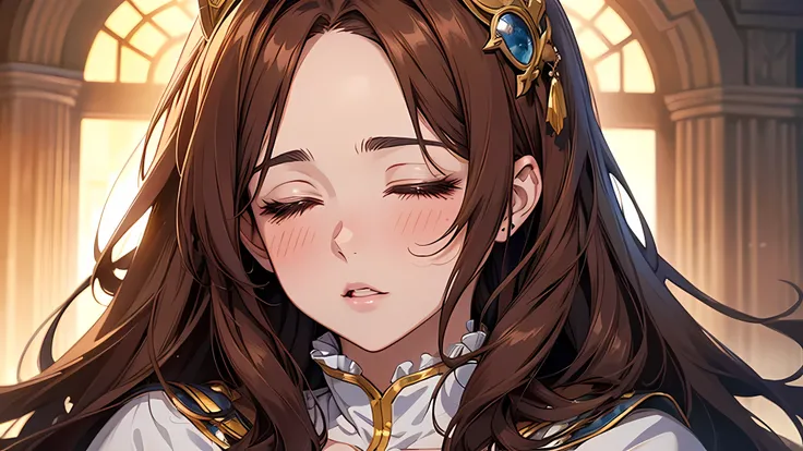 close up a portrait of a beautiful girl, thick brown hair, brown eyes, plump lips, face detailed, Clear facial expressions，Detailed digital anime art，digital anime art，High quality anime art style，Shy, Blush, respect, medieval times, closing eyes