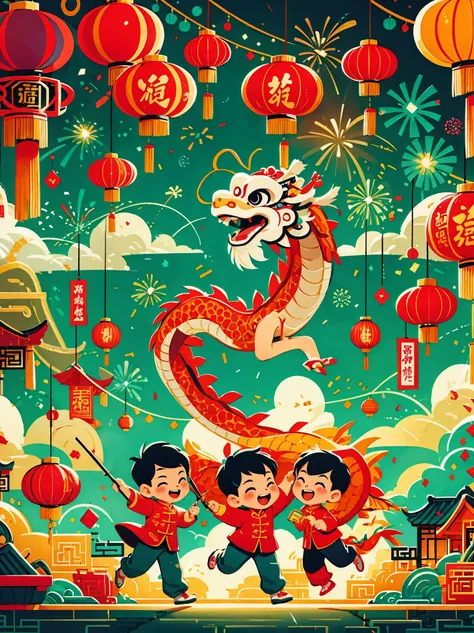 (masterpiece, best quality:1.2), vitality, joy, vector style, illustration, cny, children, ((dragon dance)), fireworks, lantern,...