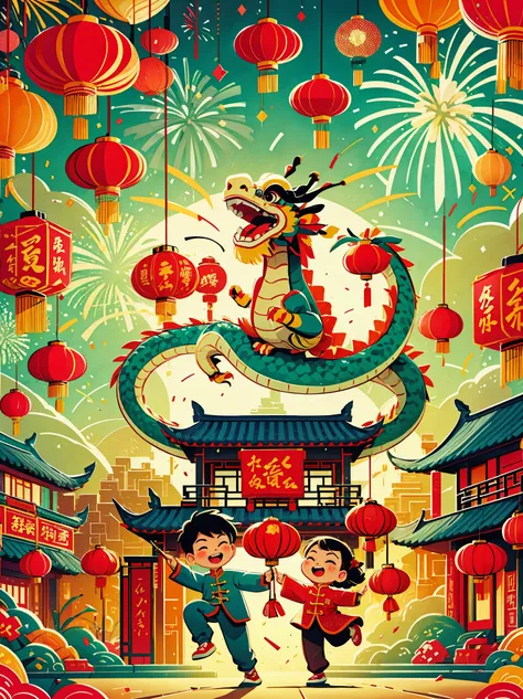 (masterpiece, best quality:1.2), vitality, joy, vector style, illustration, CNY, children, ((dragon dance)), fireworks, lantern, couplets, firecracker, red envelopes, Chinese rural architecture, festive, rich and colorful, Chinese traditional clothing, Spr...
