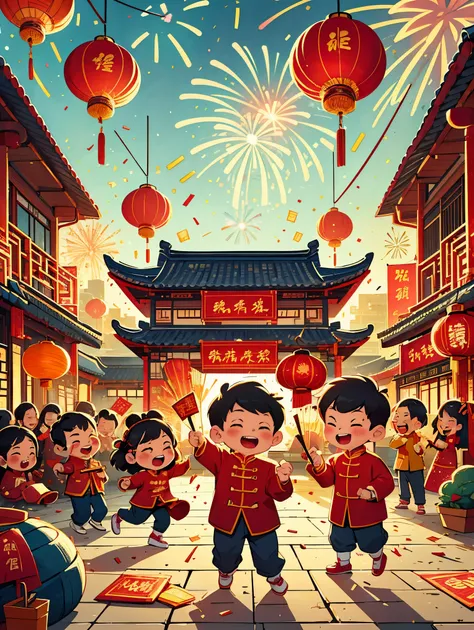 a dynamic and joyful vector-style illustration celebrating the chinese lunar new year. the scene is alive with children playing ...