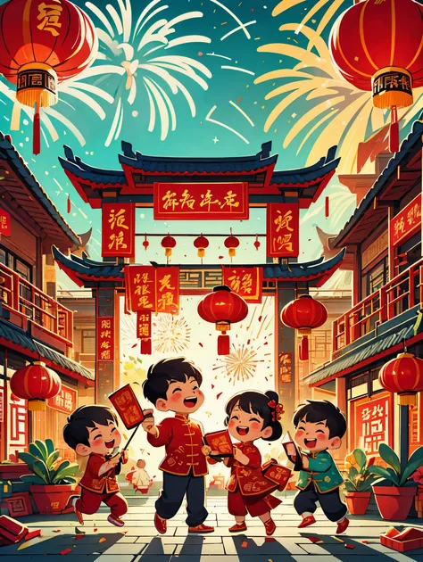 A dynamic and joyful vector-style illustration celebrating the Chinese Lunar New Year. The scene is alive with children playing happily, surrounded by fireworks, firecrackers, and a lion dance performance. The children are dressed in traditional Chinese at...