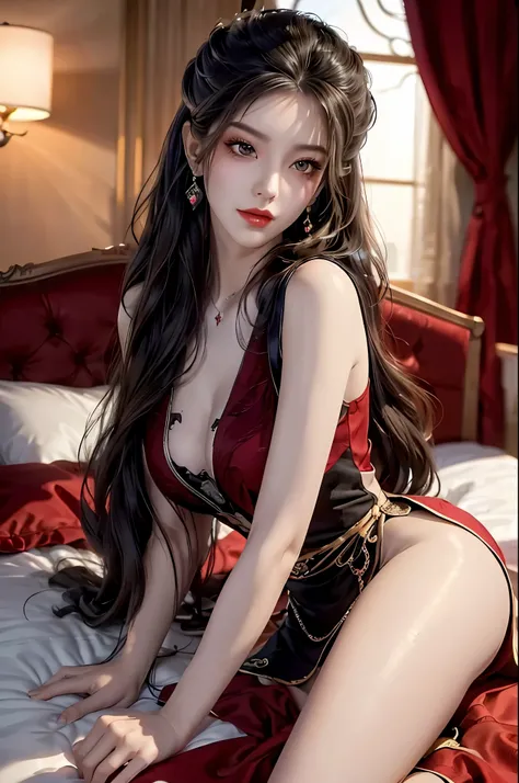 ((knee shot)), ((lie in bed, sexy legs)), red lips, makeup, close-up shot, elegant posture, enticing pose, perfect curves, slim, sexy, big breasts, cleavage, beautiful legs, mesmerizing gaze, biting lips, messy long hair, simple casual scene, extremely det...