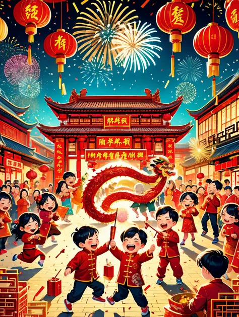 A dynamic and joyful vector-style illustration celebrating the Chinese Lunar New Year. The scene is alive with children playing happily, surrounded by fireworks, firecrackers, and a lion dance performance. The children are dressed in traditional Chinese at...
