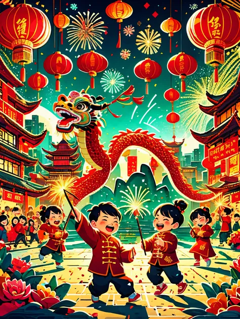 masterpiece, best quality:1.2), vitality, joy, vector style, illustration, cny, children, dragon dance，fireworks, lantern, coupl...