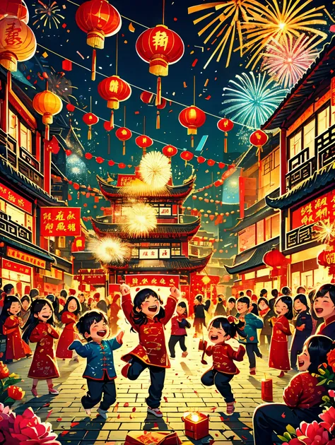 masterpiece, best quality:1.2), vitality, joy, vector style, illustration, CNY, children, dragon dance,fireworks, lantern, couplets, firecracker, red envelopes, Chinese rural architecture, festive, rich and colorful, Chinese traditional clothing, Spring Fe...