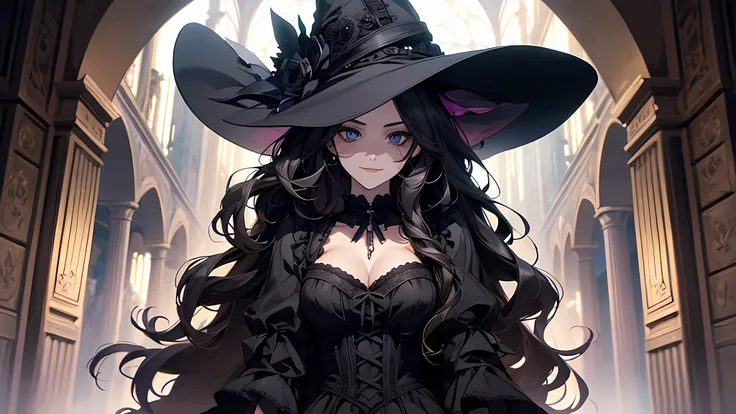 (masterpiece), (best quality), extremely delicate and beautiful, illustration, best_quality ,head, black_magic, 1girl, long hair, black hair, (full body:1.2), witchy_fashion, witch_hat, gothic_witch, gothic_darkness, (gothic_makeup:1.1), scenary, cowboy sh...