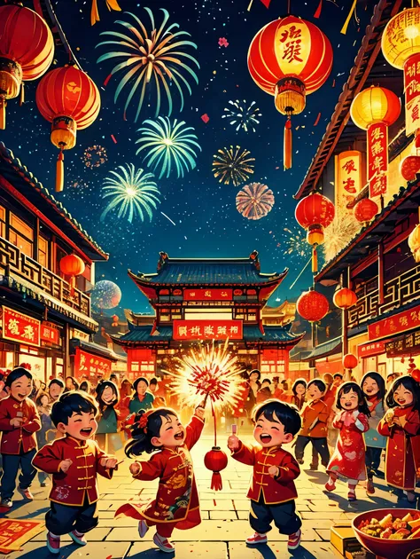 masterpiece, best quality:1.2), vitality, joy, vector style, illustration, CNY, children, dragon dance,fireworks, lantern, couplets, firecracker, red envelopes, Chinese rural architecture, festive, rich and colorful, Chinese traditional clothing, Spring Fe...