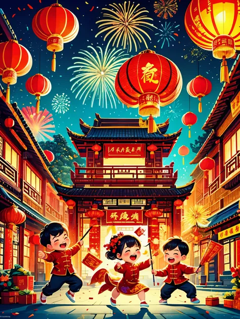 masterpiece, best quality:1.2), vitality, joy, vector style, illustration, cny, children, dragon dance，fireworks, lantern, coupl...