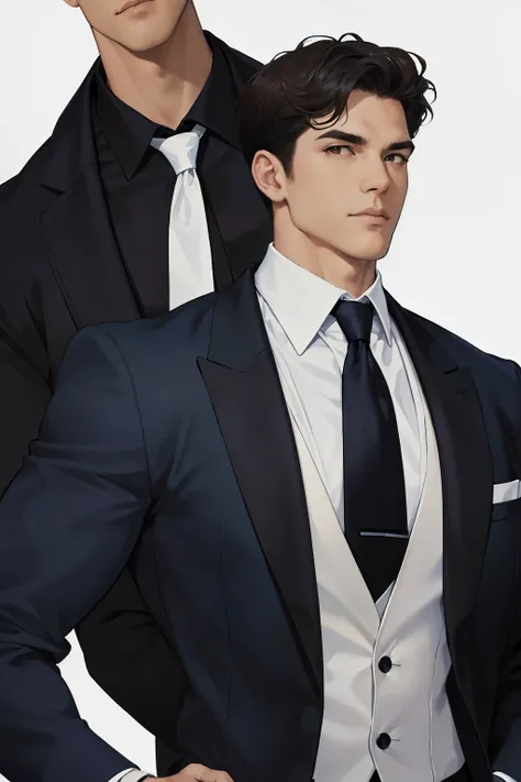 (absurdres, highres, ultra detailed, realistic, ), 1 male, solo, adult, mature, tall muscular guy, broad shoulders, handsome, very short hair, black hair, brown eyes, angular jaw, thick neck, thick eyebrows, night, dark, white background, navy blue formal ...