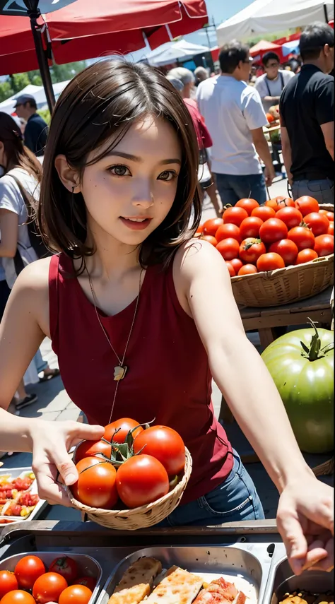 Capture the lively atmosphere at La Tomato Festival with people enjoying colorful tomato-themed activities. Spanish people