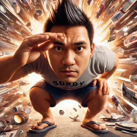 there is a man that is standing in front of a bunch of objects, cyril rolando and goro fujita, wide angle portrait of astroboy, inspired by Rudy Siswanto, ross tran 8 k, ross tran and bayard wu, crazy high definition, movie artwork, movie promotional image...