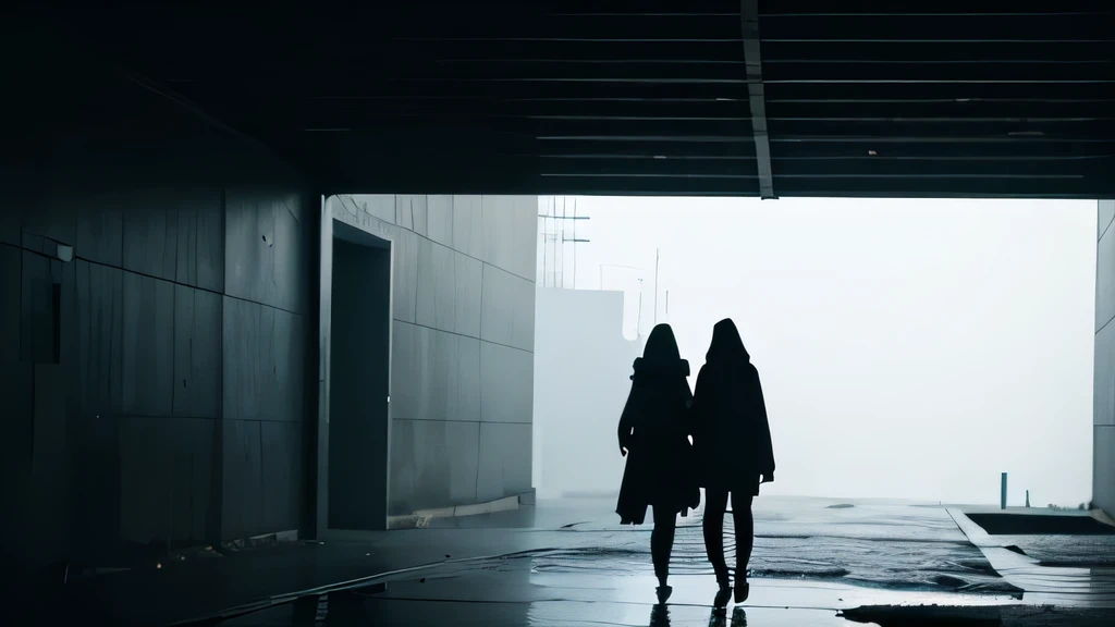 Silhouette of young couple wearing all black mystical hooded, walking in a dystopian but functional brutalist architectural town. the weather is foggy and cold in early morning light, landscape