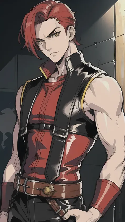 (best quality:1.2), masterpiece, anime style, male, mature, adult, ikemen, handsome, (red hair), short slicked-back hair, (yellow eyes), detailed eyes, lean body, rebel leader, (sleeveless leather west), black trousers, leather belt with a prominent buckle...