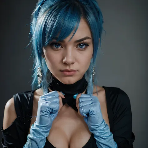 1girl, Kula Diamond, blue hair, gloves, holding lolipop, blush, angry, looking at viewer