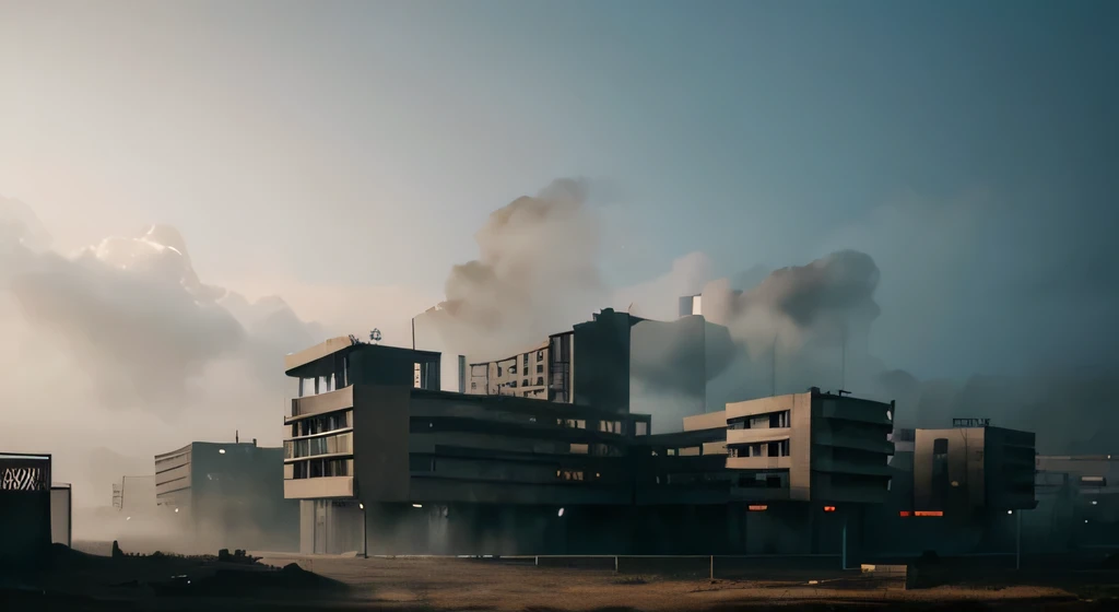 large dystopian but functional brutalist architectural town filled with ghosts. the weather is foggy and cold in early morning light, landscape