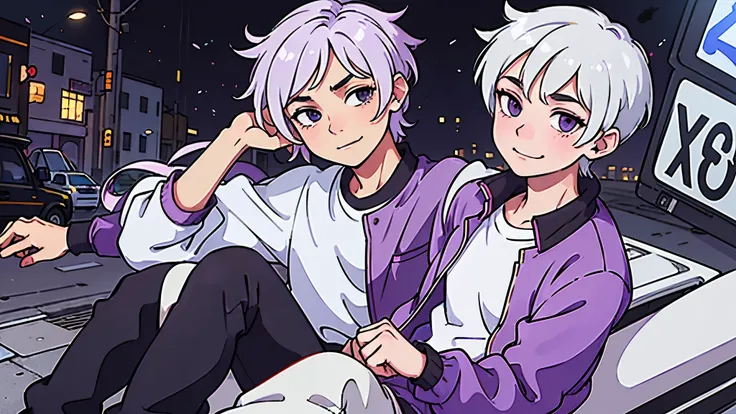 (best quality:0.8) perfect anime illustration, a pretty, happy male with semi short white hair on the street in the city, purple eyes, wearing a purple jacket, white shirt, black pants, smug face, confident