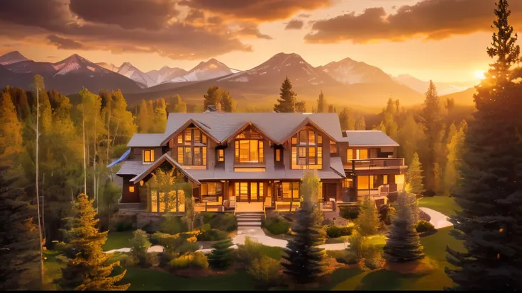 luxury home, rockies mountains, sunset