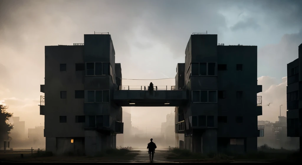 4 glowing angels, carrying the silhouette of a couple and rising them to the sky, in a large dystopian but functional brutalist architectural town. the weather is foggy and cold in early morning light, landscape