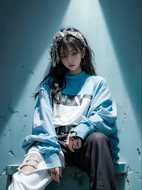 Kpop young age girl long dark blue hair, cute face, irresistible, sit pose, poser, serious face, full half body show, tattoos, wears cool black mixed blue ang green open jacket with long big sized shirt, long black pants with belt, paint background, popsta...