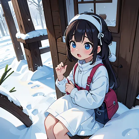 there is snow on the right side、the left half is summer、the girl looks surprised