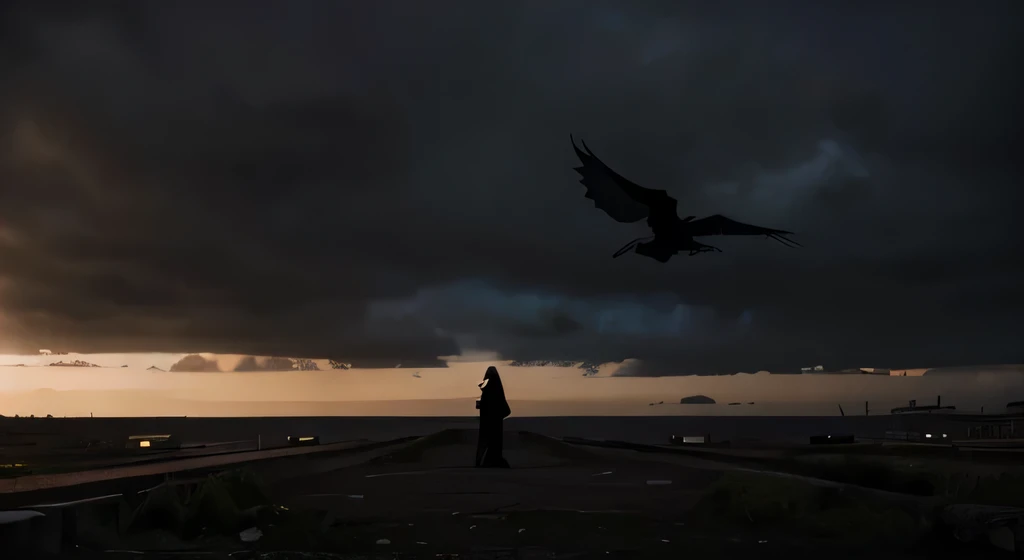 silhouette of a couple with wings on their backs in black mystical hooded clothes rising to the sky, in a large dystopian but functional brutalist architectural town. the weather is foggy and cold in early morning light, landscape