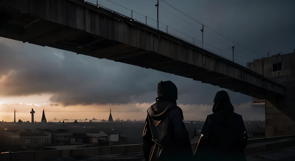 silhouette of a couple with wings on their backs in black mystical hooded clothes rising to the sky, in a large dystopian but functional brutalist architectural town. the weather is foggy and cold in early morning light, landscape