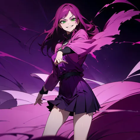 1 girl, dark pink hair, green eyes, beautiful girl, villain, grin, psycho, psycho smirk, straight hair, (((noble cloth))), short skirt, purple cloth