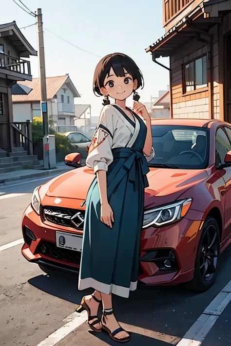 Octane Render、(Hyper-detailing: 1.15)、(Soft light、sharp: 1.2)、morning、 posing in front of colorful EV in parking lot near beach, Traditional costumes、Distinctive ethnic hair ornaments、Characteristic ethnic shoes、 Fuji Film, F/4.0, masutepiece, Anatomically...