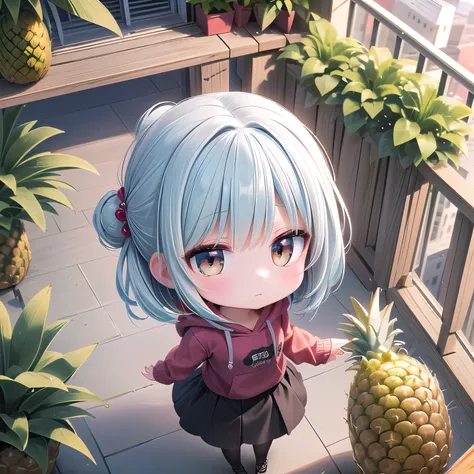 ((Chibi, Pineapple, 1 girl: 1.3)), (Masterpiece, almond-shaped eyes, glossy white-blue hair, short chignon hair, top quality product, carefully drawn fingertips, beautiful anatomy, from above, Whole body: 1.4), (Tasteful colored pencil hand-drawn picture: ...