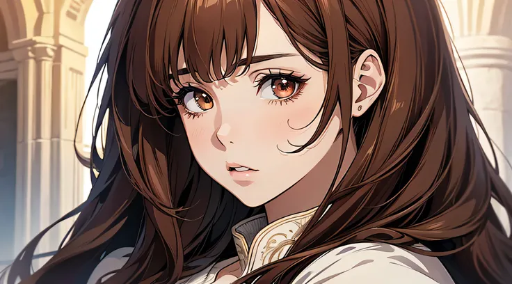 close up a portrait of a beautiful girl, thick brown hair, brown eyes, plump lips, face detailed, Clear facial expressions，Detailed digital anime art，digital anime art，High quality anime art style，medieval times, wearing white gown, speechless, confused