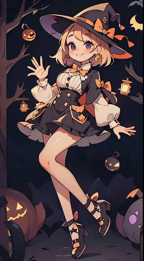 Cute Halloween Theme、full body Esbian、Eye Up、A smile、 wave her hand、Glamorous Hat、Halloween Accessories、Draw clothes buttons and pockets in a Halloween style、Cute shoes、breasts are large