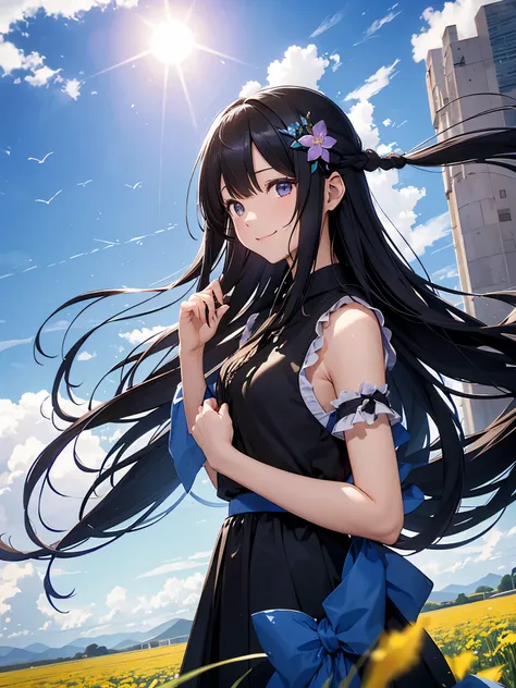 1 girl、Rinoa、long hair、black hair、arm warmers、Sleeveless coat、black shirt、blue skirt、Arm Ribbon、Upper body、From the side、(smile)、Wind、colorful、Dark Shadows、solo、Beautiful specifics、skin texture、Light of the sun、grassland、flower、(空のflowerびら、落ちるflowerびら)