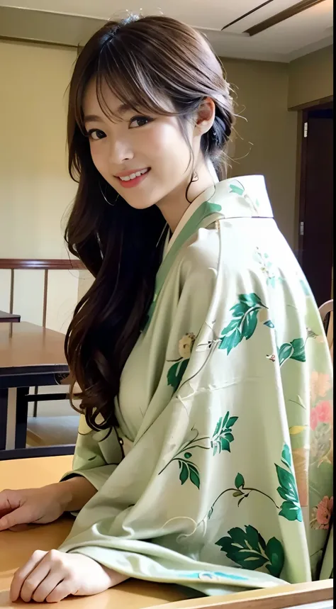 (((The young proprietress of a long-established inn wears traditional Japanese kimono and greets guests with an elegant appearance, smiling as she squats down with her knees together to pick up scraps of paper.))),(((Japanese clothes look good))),(((table ...