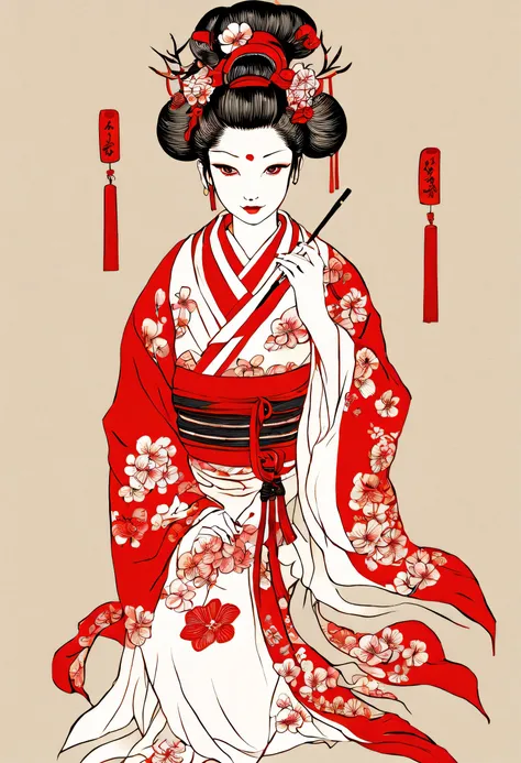 beauty,ancient chinese costume:kimono:beautiful柄:in the same way,アジア系beauty,chinese,perfect face,(oiran),look sideways,smile,lip...