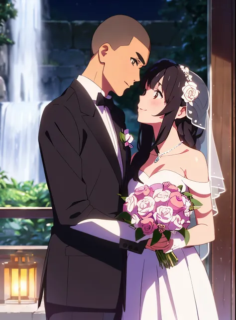 shinkai makoto, kimi no na wa., 1girl, 1boy, buzzcut, tuxedo, bangs, black hair, blush, brown eyes, shiny skin, headband, flower, wedding dress, bouquet, holding a bouquet, dress, bride, pink rose, jewelry, necklace, veil, bridal veil, looking at the viewe...