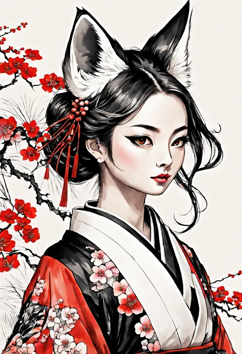 beauty,ancient chinese costume:kimono:beautiful柄:in the same way,アジア系beauty,chinese,perfect face,fox ears,fox tail:nine tails,be...