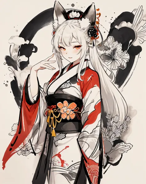 beauty,Ancient Chinese costume,kimono,アジア系beauty,Chinese,perfect face,fox ears,fox tail:Nine Tails,Bewitching,which one,elegant,beautifulkimono,((ink sketch)),((white,black,red)),tints,be familiar with,anatomically correct,delicate,perfect composition,mast...