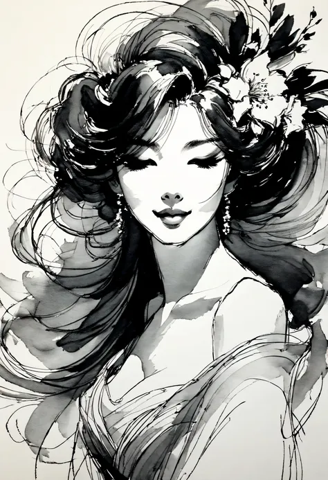 Elegant girl，black and whiteink画，pen sketch，Loose brushstrokes，Pen outlines delicate lines，Smooth movements，微妙的ink色调，elegant gesture，calm expression，Exquisite facial features，ink，soil，black and white，Clean