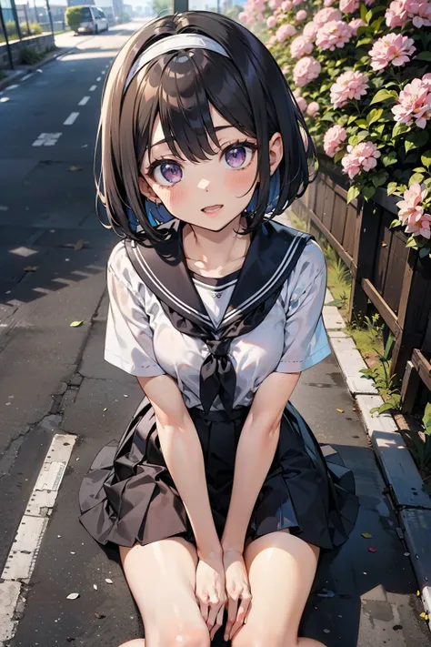 body 8 times longer than head, (Highly detailed CG unity 8k), (highest quality)，(very detailed)，(ultra high resolution), black hair, High school girl wearing a navy sailor suit, Anime 2D rendering, realistic young anime high school girl, ((White headband))...