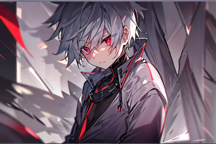 hight resolution,Anime boy with white hair and red eyes staring at camera, red eyes,slim, dressed in a black outfit,Shadow Body,Brown skin,monochromes,hair messy,Diagonal angle