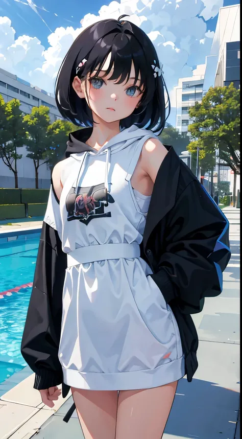 (short cute girl，small young student，young delicate girl）,（masterpiece，Top quality)，Pastel hoodies，black hair，pool