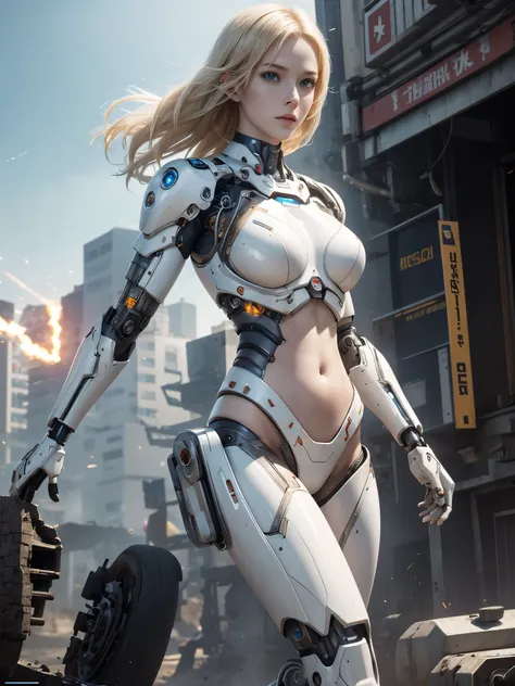 a cyborg girl, realistic cyborg girl, in the middle of battlefield, open air, detail realistic, porcelain skin, very pale skin, very beautiful, blonde hair, some scratch on skin, some dents on mech, many mechanical body organs, expose chest and belly, hand...