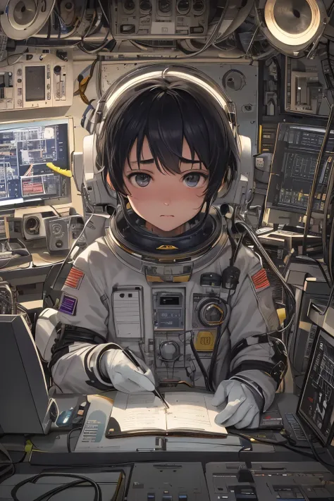 Ultra-detailed and hyper-realistic, the image presents an astronaut kid intently sitting at his control board, surrounded by an intricate array of blinking lights and complex machinery. The kids youthful face is depicted with sharp focus and exceptional de...