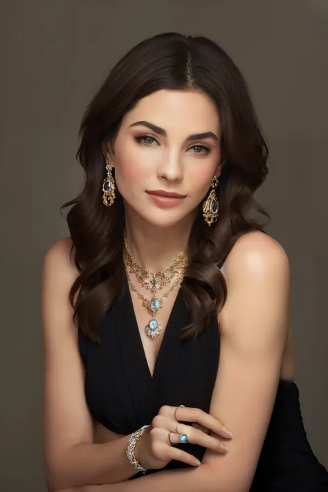 arad woman poses for a photo wearing a necklace and a gold ring of gemstones，decorated with precious stones，photo of hand jewelr...